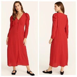 J. Crew Drapey  Button Front Dress Womens Sz 14 Red Pin Dot Long Puff Sleeve